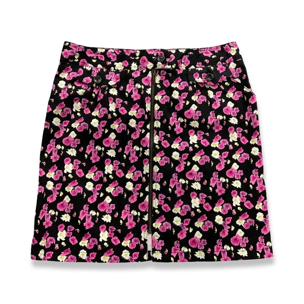 Nicole Miller Floral Mini Skirt Women 14 Black Pink Pencil Full Front Zipper Y2K